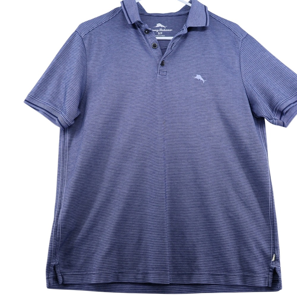 Tommy Bahama Mens Small Blue Striped Short Sleeve Polo Shirt Marlin Logo - Picture 2 of 7
